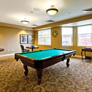 A cozy recreation room featuring a pool table and elegant interior design.