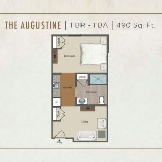 Floor plan of The Augustine: a 1-bedroom, 1-bathroom apartment with an area of 490 square feet.