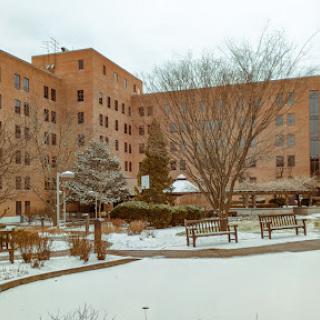 A serene winter scene featuring a residential building surrounded by snow-covered ground and bare trees.