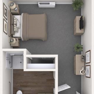 A minimalist floor plan of a small bedroom with gray carpeting and wood flooring.