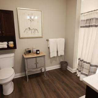 A neatly organized bathroom with modern decor and wooden floors.