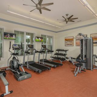 A well-equipped gym with treadmills, exercise bikes, weights, and strength training machines.