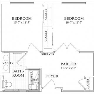 A floor plan showing the layout of an apartment with two bedrooms, a bathroom, a parlor, and a foyer.