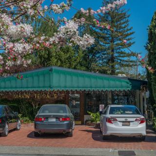 A small parking area with cars parked under a green awning surrounded by blooming trees.