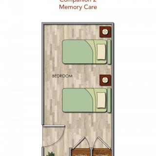 A floor plan of a memory care room with two beds.