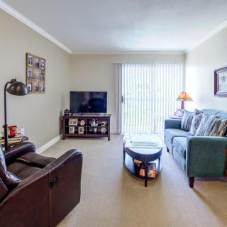A cozy living room with a sofa, TV, and coffee table.