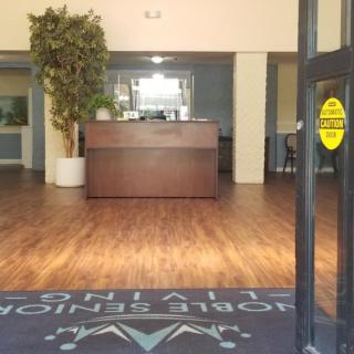 A view of a lobby with a reception desk, mat, and indoor plants.