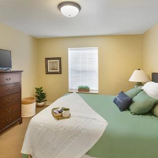 A cozy bedroom with a neatly made bed, complete with green pillows and a white comforter. A wooden dresser with a TV sits to the side, while soft lighting from a table lamp adds warmth to the room.