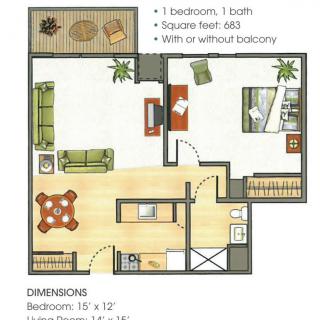 A floor plan of a one-bedroom apartment with a balcony and listed dimensions.