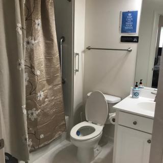 A clean and simple bathroom with a toilet, sink, and shower area.