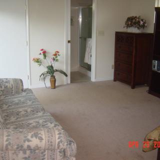 A cozy living room with a sofa, television, and decorative elements such as a vase with flowers.