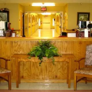 A reception desk with chairs and a plant in an office hallway.