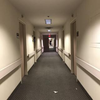 A long, empty hotel hallway with doors lining the sides.