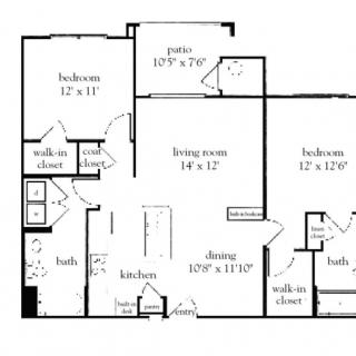 A floor plan of a two-bedroom apartment featuring a living room, dining area, kitchen, bathroom, and a patio.
