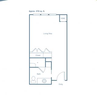 A simple floor plan of a studio apartment with designated living area and bathroom.
