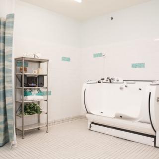A clean and modern bathroom featuring a walk-in bathtub and organized shelving unit.