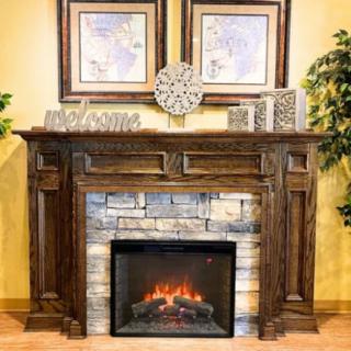 A cozy living room setting featuring an electric fireplace with a wooden mantel, stone surround, and decorative accents including wall art and a clock.