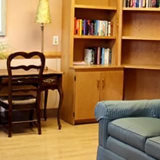 A cozy living room corner with a wooden bookshelf, a desk and chair, and a lamp.