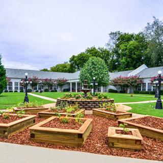 A beautifully landscaped garden with well-maintained pathways and lush greenery in a courtyard setting.