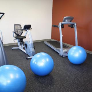 A small gym area with a treadmill, exercise bike, and blue yoga balls.