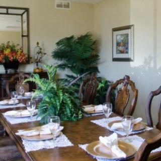 A traditional dining room with an elegantly set table and lush plants.