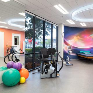 A modern fitness center with colorful exercise balls and various workout equipment.