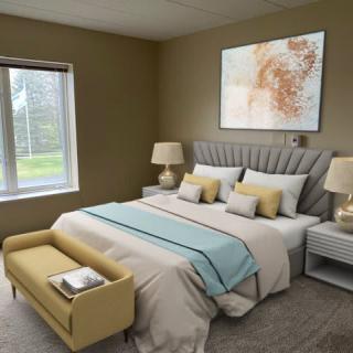 A modern bedroom with neutral tones and pastel accents featuring a king-size bed, stylish artwork, and large window.