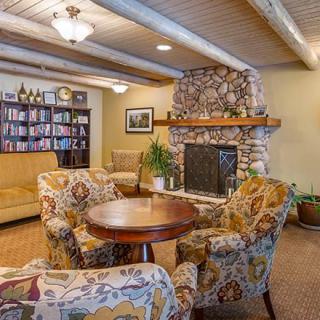 Cozy living room interior with a stone fireplace and colorful armchairs.