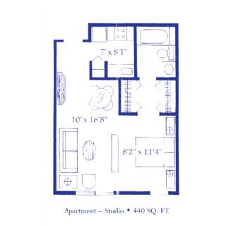 Floor plan of a 440 sq. ft. studio apartment.