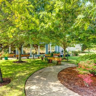 A beautiful garden path lined with trees and vibrant greenery.
