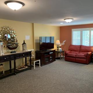 A cozy living room with a sofa, television, and elegant decor.