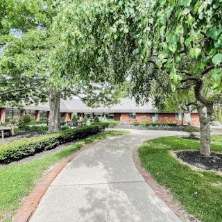 A serene pathway surrounded by lush greenery leading to a building.