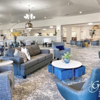 A modern lobby with comfortable seating and elegant decor.