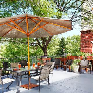 A sunny patio area with outdoor furniture and a large umbrella surrounded by greenery.