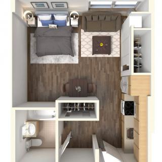 Aerial view of a cozy studio apartment floor plan featuring combined living, sleeping, and kitchen areas with an adjacent bathroom.