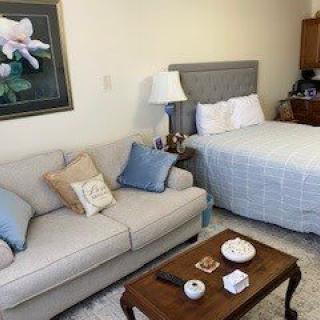 Cozy studio apartment with a sofa, bed, and coffee table.