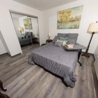A cozy bedroom with modern decor, featuring a bed with gray bedding, a standing lamp, and a large mirror reflecting the room.