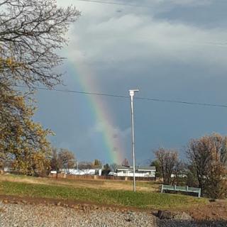 A vibrant rainbow emerges against a backdrop of dark clouds, creating a picturesque scene in nature.