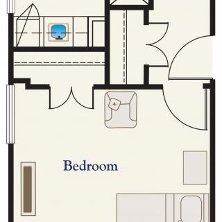 A floor plan showcasing the layout of a bedroom and adjacent areas.