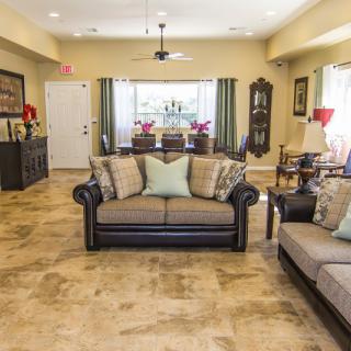 A cozy living room with stylish furniture and warm decor.