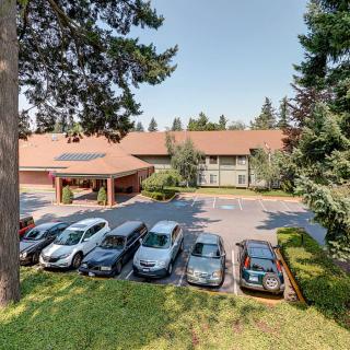 A sunny day view of a parking lot with several cars in front of a building, surrounded by trees.