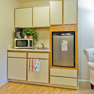 A compact kitchen featuring appliances like a microwave and refrigerator, along with a coffee maker and houseplant on the countertop.