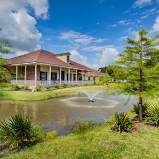 A serene view of a building beside a pond with a fountain, framed by lush greenery and a bright blue sky.