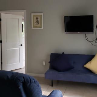 A cozy living room with a blue sofa, cushions, and a wall-mounted television.