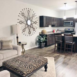 Modern open-concept living room and kitchen with stylish decor.