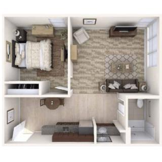 A top-down view of a small apartment layout featuring a bedroom, living room, kitchen, and bathroom.