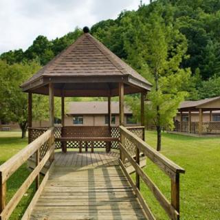 A wooden gazebo with a walkway surrounded by lush greenery and trees.