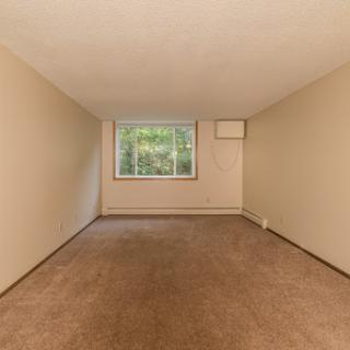 An empty room featuring neutral-colored walls and carpet, with a window allowing natural light.