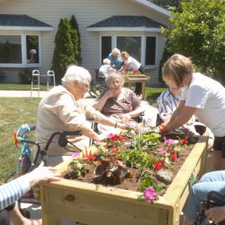 Elderly individuals engaging in gardening activities with the assistance of caregivers.