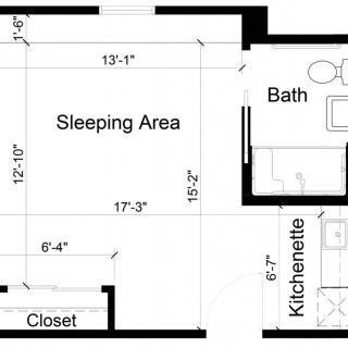 Studio apartment floor plan with a sleeping area, kitchenette, bath, and closet.